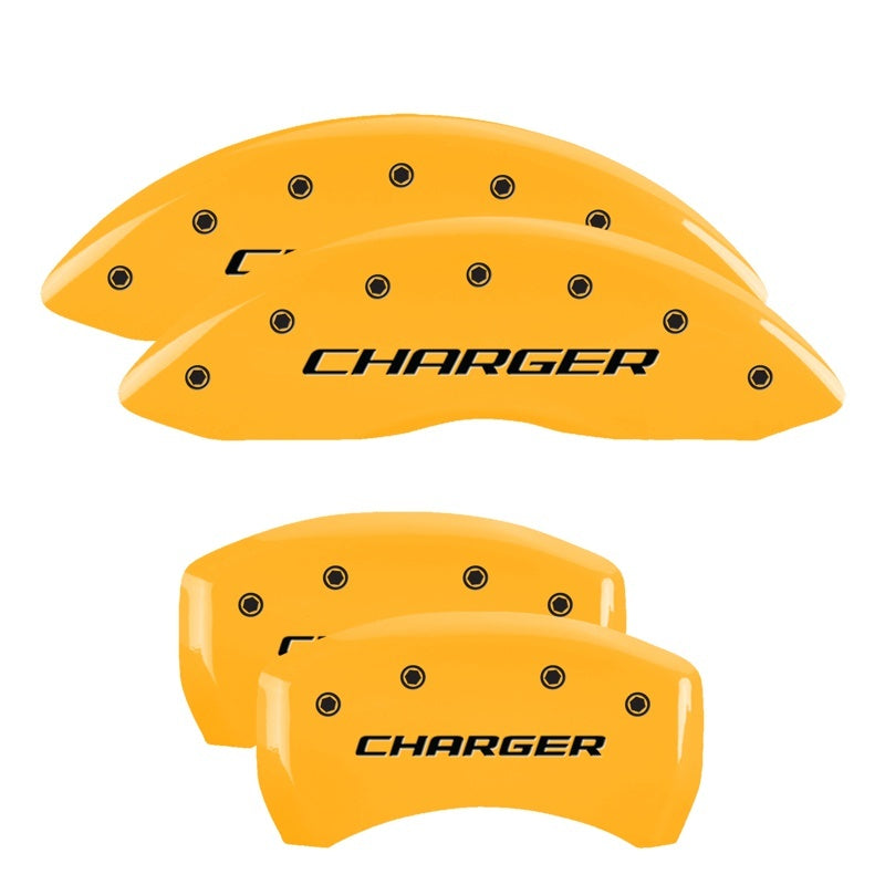 Load image into Gallery viewer, MGP 4 Caliper Covers Engraved Front &amp; Rear Block/Charger Yellow finish black ch
