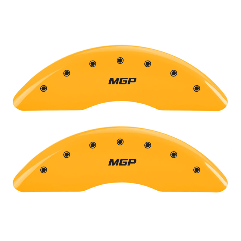 Load image into Gallery viewer, MGP 4 Caliper Covers Engraved Front &amp; Rear MGP Yellow Finish Black Char 2010 Dodge Ram 2500
