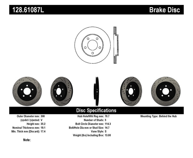 Load image into Gallery viewer, StopTech 05-10 Ford Mustang V6/4.0L / GT V8/4.6L Cross Drilled Left Rear Rotor
