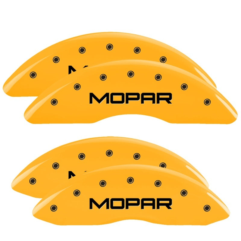 Load image into Gallery viewer, MGP 4 Caliper Covers Engraved Front &amp; Rear MOPAR Yellow finish black ch
