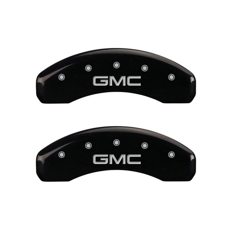 Load image into Gallery viewer, MGP 4 Caliper Covers Engraved Front &amp; Rear GMC Black finish silver ch
