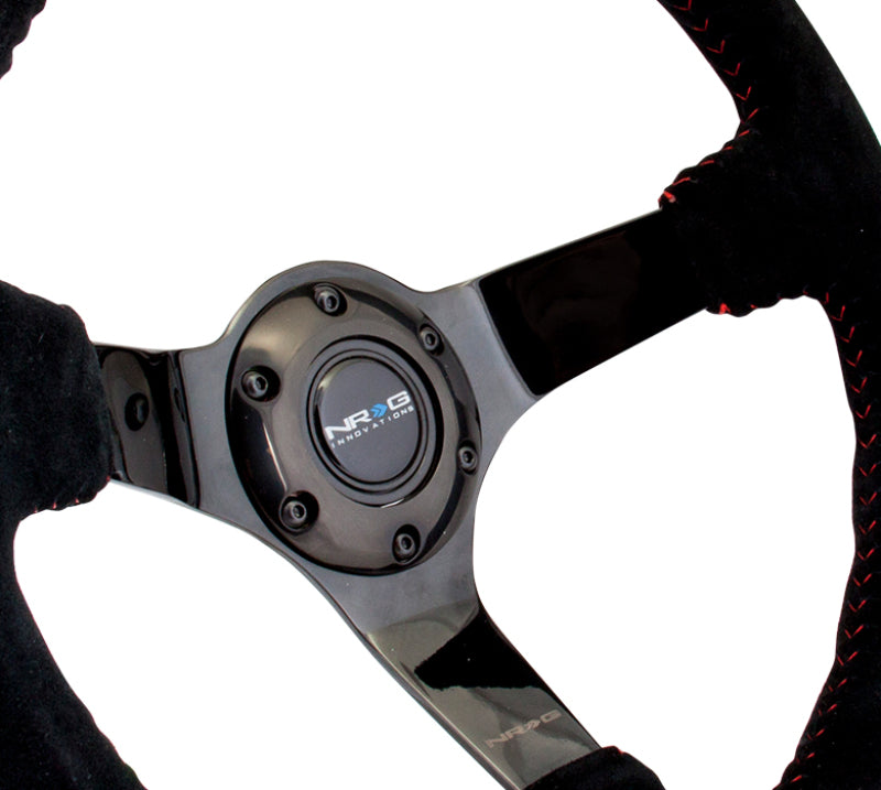Load image into Gallery viewer, NRG Reinforced Steering Wheel (350mm / 3in. Deep) Blk Suede w/Red BBall Stitch &amp; Black 3-Spoke
