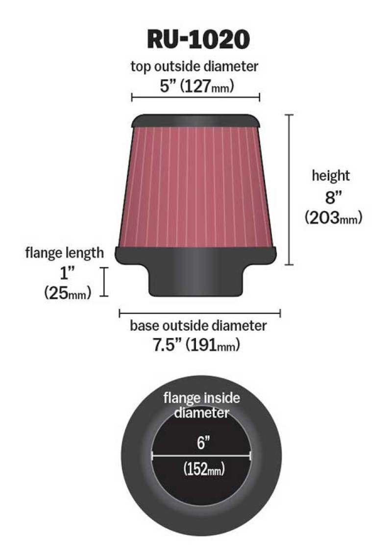 Load image into Gallery viewer, K&amp;N Universal Tapered Filter 6in Flange ID x 7.5in Base OD x 5in Top OD x 8in Height
