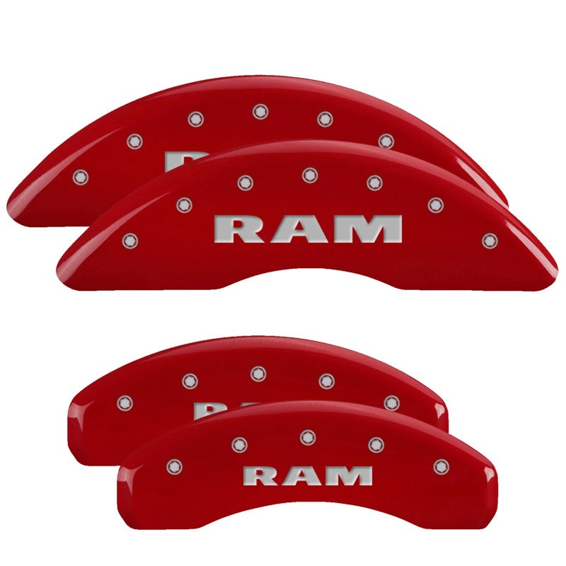 Load image into Gallery viewer, MGP 4 Caliper Covers Engraved Front &amp; Rear 2019 Ram 1500 Red Finish Silver RAM Logo
