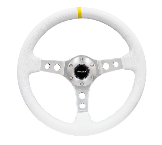 NRG Reinforced Steering Wheel (350mm / 3in. Deep) Wht Leather w/Silver Spoke & Single Yellow Mark