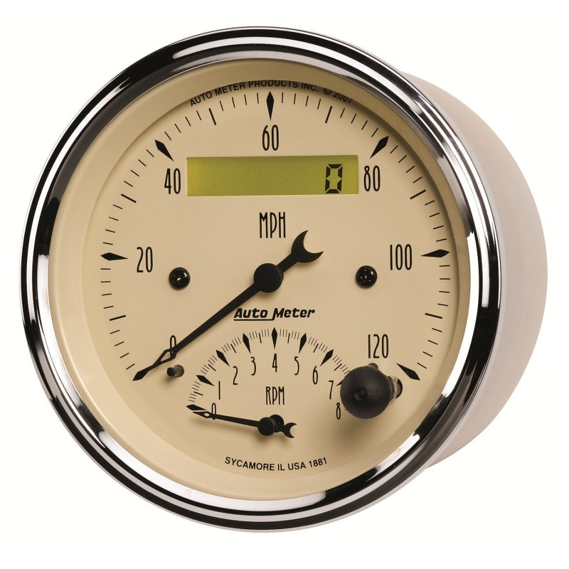 Load image into Gallery viewer, AutoMeter Gauge Tach/Speedo 3-3/8in. 120MPH &amp; 8K RPM Elec. Program. Antq Beige
