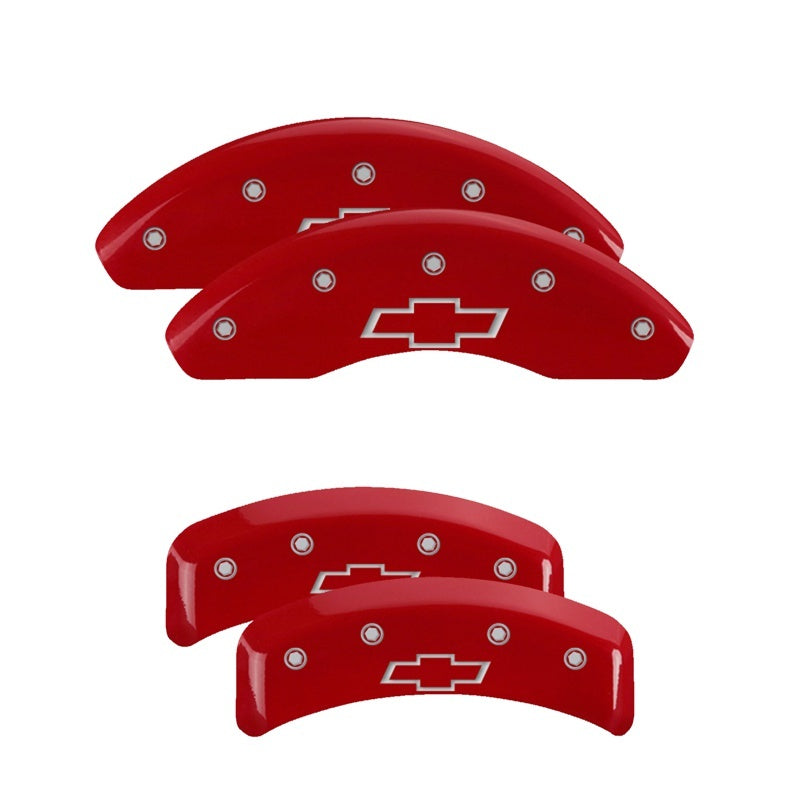 Load image into Gallery viewer, MGP 4 Caliper Covers Engraved Front &amp; Rear Bowtie Red finish silver ch
