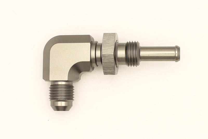 Load image into Gallery viewer, DeatschWerks 6AN Male Flare To 5/16in. Male Barb Bulkhead Adapter 90-Degree (Incl. Nut)
