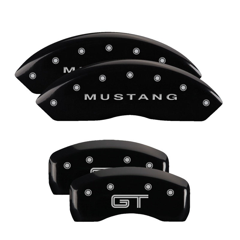 Load image into Gallery viewer, MGP 4 Caliper Covers Engraved Front Mustang Engraved Rear S197/GT Black finish silver ch

