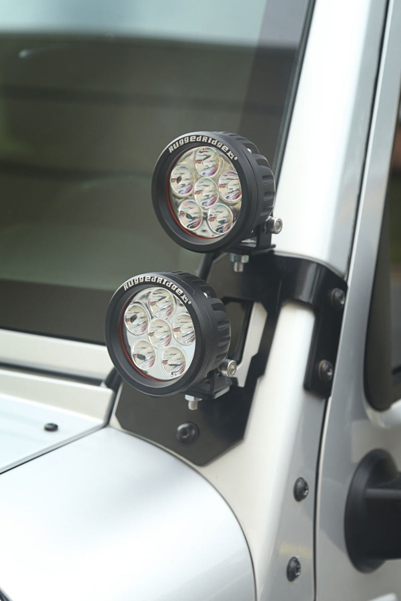 Load image into Gallery viewer, Rugged Ridge 07-18 Jeep Wrangler JK Semi-Gloss Black Round A-Pillar LED Light Mount Kit
