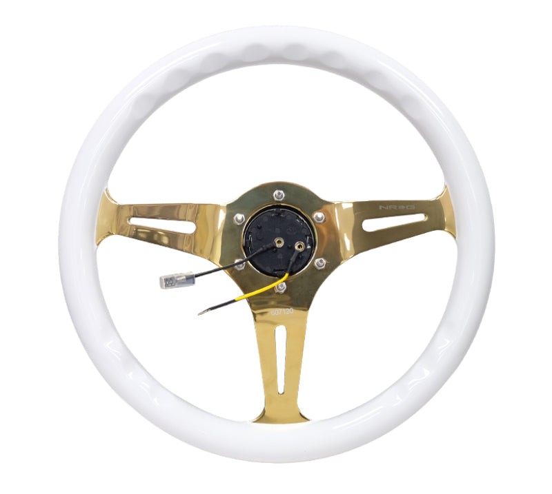 Load image into Gallery viewer, NRG Classic Wood Grain Steering Wheel (350mm) White Grip w/Chrome Gold 3-Spoke Center
