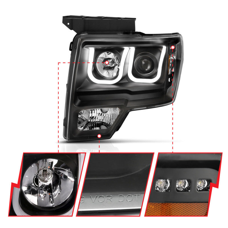Load image into Gallery viewer, ANZO 2009-2014 Ford F-150 Projector Headlights w/ U-Bar Switchback Black w/ Amber
