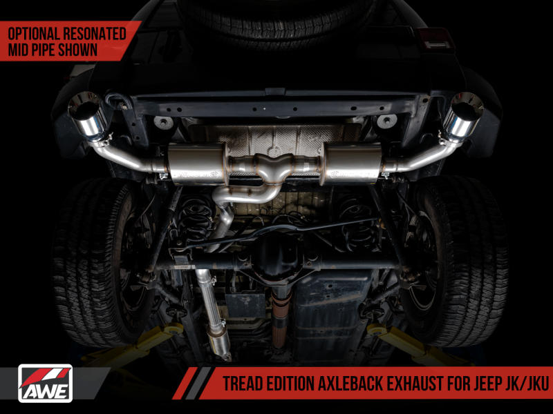 Load image into Gallery viewer, AWE Tuning 07-18 Jeep Wrangler JK/JKU 3.6L Tread Edition Axle-Back Dual Exhaust - Chrome Silver Tips
