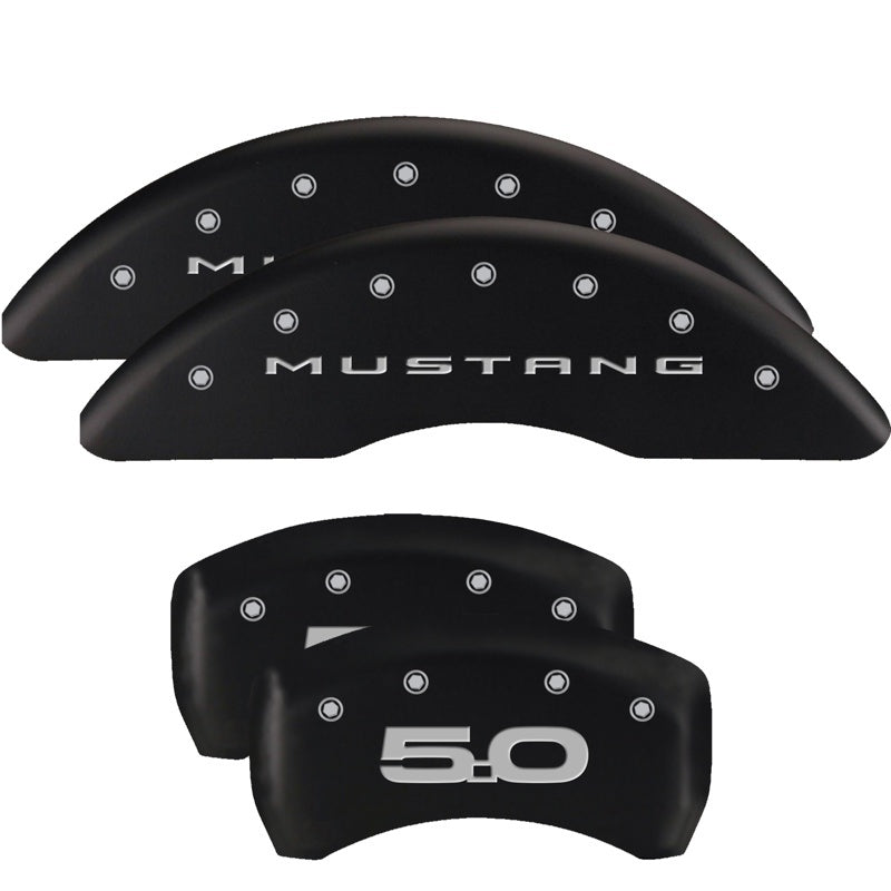 Load image into Gallery viewer, MGP 4 Caliper Covers Engraved Front 2015/Mustang Engraved Rear 2015/37 Black finish silver ch
