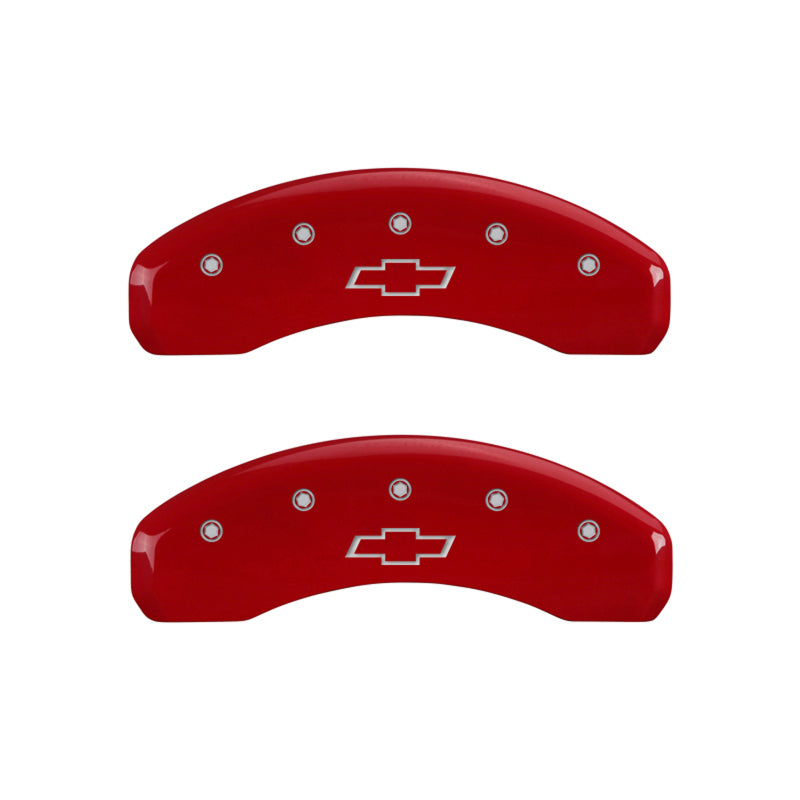 Load image into Gallery viewer, MGP 4 Caliper Covers Engraved Front &amp; Rear Bowtie Red finish silver ch
