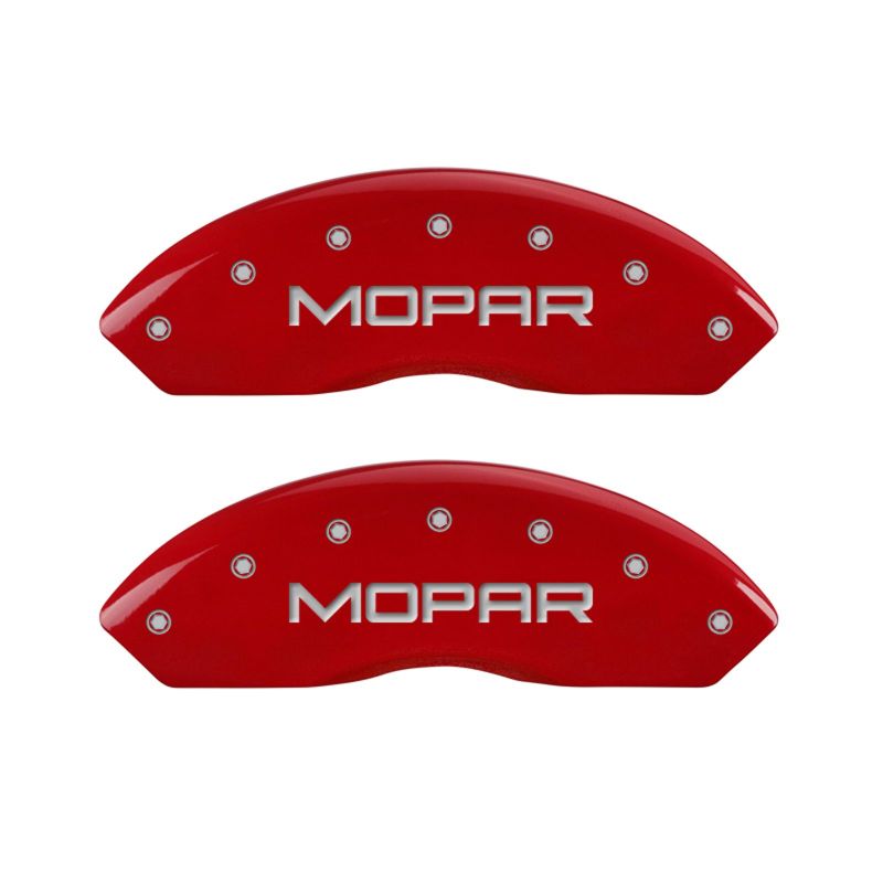 Load image into Gallery viewer, MGP Front set 2 Caliper Covers Engraved Front MOPAR Red finish silver ch
