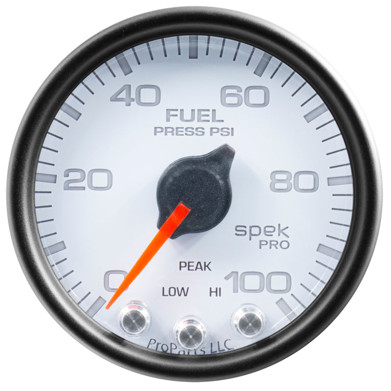 Load image into Gallery viewer, Autometer Spek-Pro Gauge Fuel Press 2 1/16in 100psi Stepper Motor W/Peak &amp; Warn Wht/Blk
