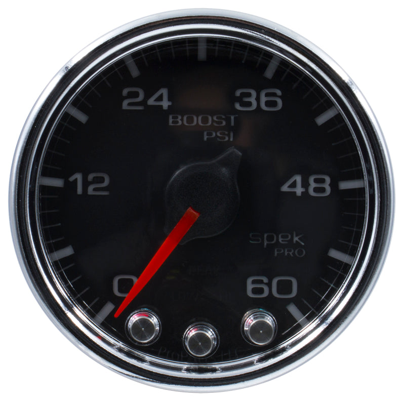 Load image into Gallery viewer, Autometer Spek-Pro Gauge Boost 2 1/16in 60psi Stepper Motor W/Peak &amp; Warn Blk/Chrm

