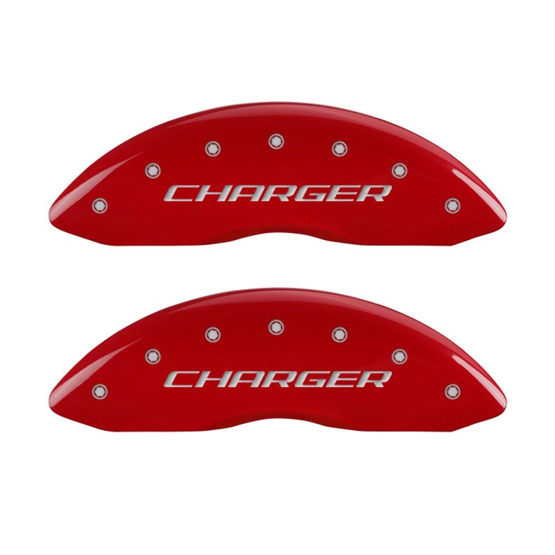 Load image into Gallery viewer, MGP 4 Caliper Covers Engraved Front &amp; Rear Block/Charger Red finish silver ch
