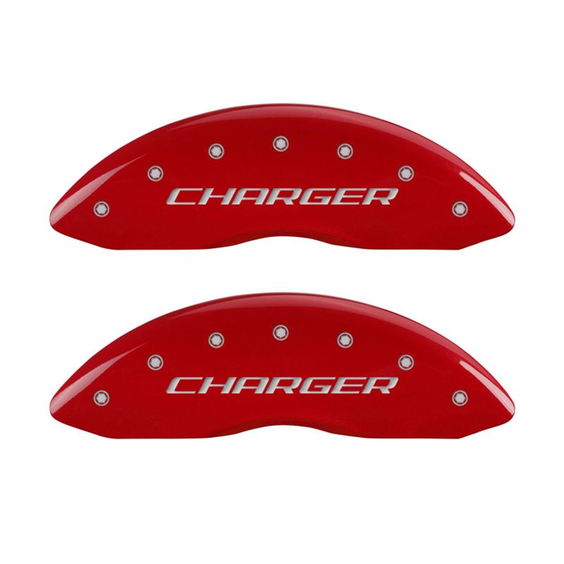 Load image into Gallery viewer, MGP 4 Caliper Covers Engraved Front Charger Engraved Rear RT Red finish silver ch

