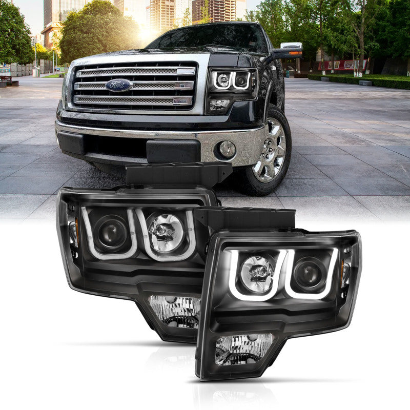Load image into Gallery viewer, ANZO 2009-2014 Ford F-150 Projector Headlights w/ U-Bar Switchback Black w/ Amber
