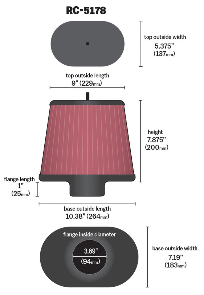 Load image into Gallery viewer, K&amp;N Universal Air Filter - Oval Straight - 3.688in Flange ID x 10.25in Base O/S Length x 7.875in H
