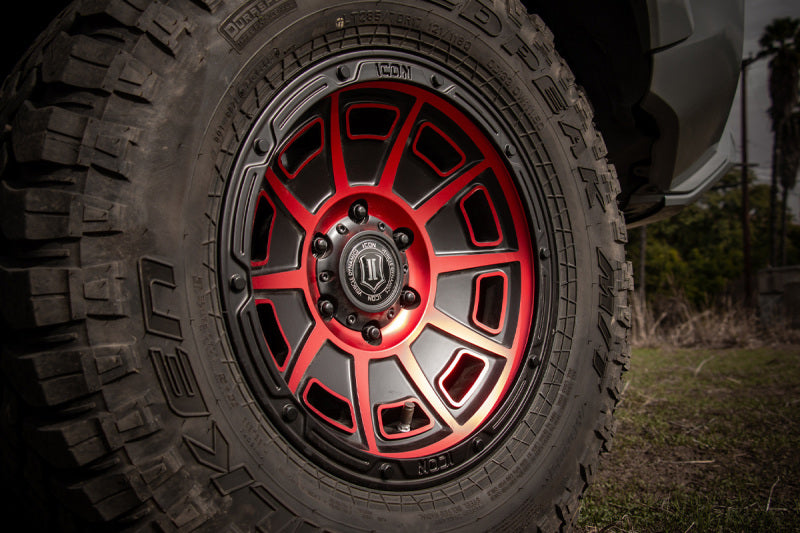 Load image into Gallery viewer, ICON Victory 17x8.5 6x135 6mm Offset 5in BS Satin Black w/Red Tint Wheel
