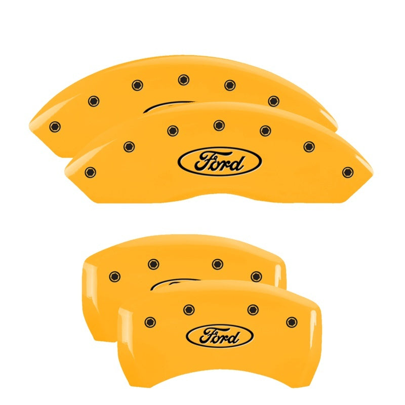 Load image into Gallery viewer, MGP 4 Caliper Covers Engraved Front &amp; Rear Oval logo/Ford Yellow finish black ch
