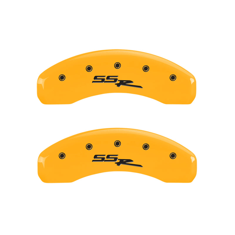 Load image into Gallery viewer, MGP 4 Caliper Covers Engraved Front &amp; Rear Ssr Yellow Finish Black Char 2003 GMC Sierra 1500
