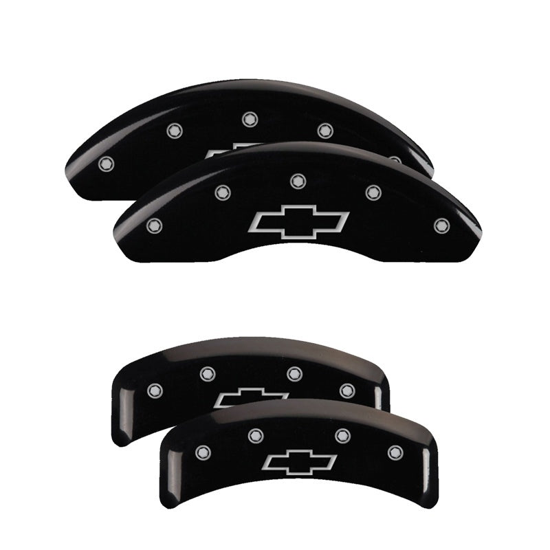 Load image into Gallery viewer, MGP 4 Caliper Covers Engraved Front &amp; Rear Bowtie Black finish silver ch
