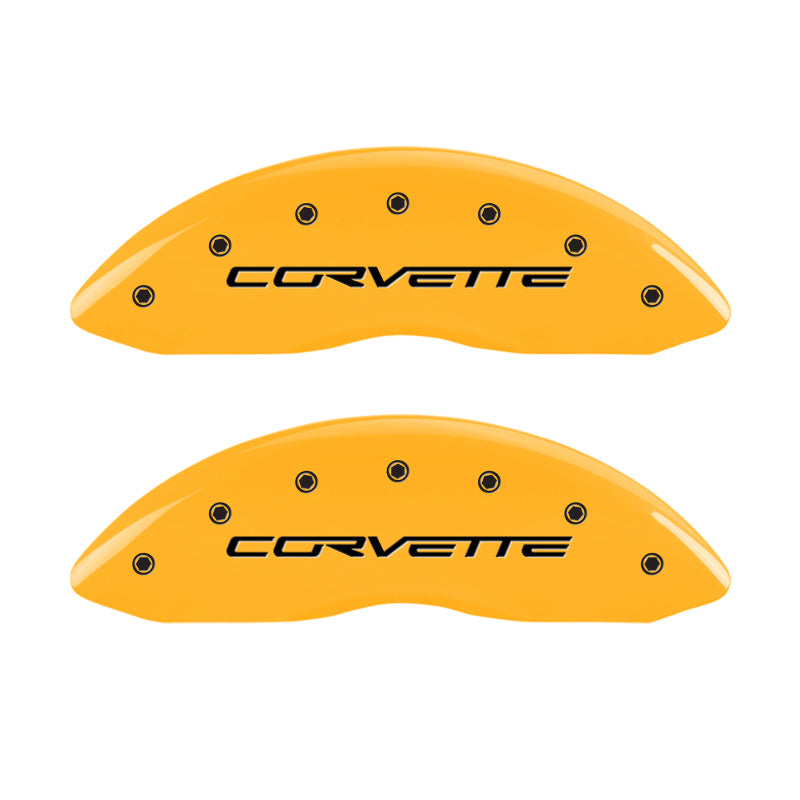 Load image into Gallery viewer, MGP 4 Caliper Covers Engraved Front &amp; Rear C6/Corvette Yellow finish black ch
