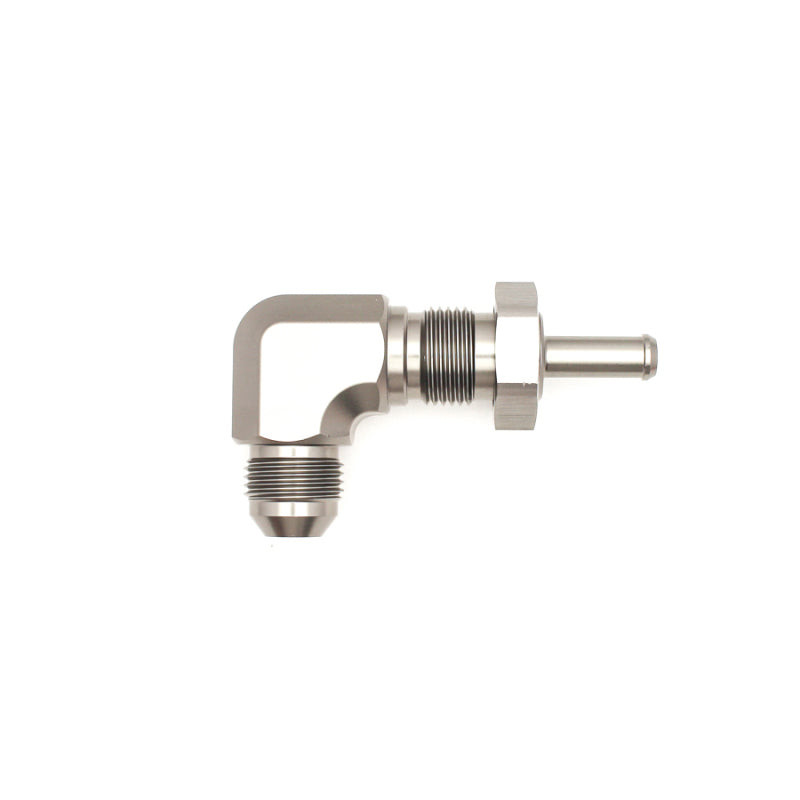 Load image into Gallery viewer, DeatschWerks 8AN Male Flare To 5/16in. Male Barb Bulkhead Adapter 90-Degree (Incl. Nut)

