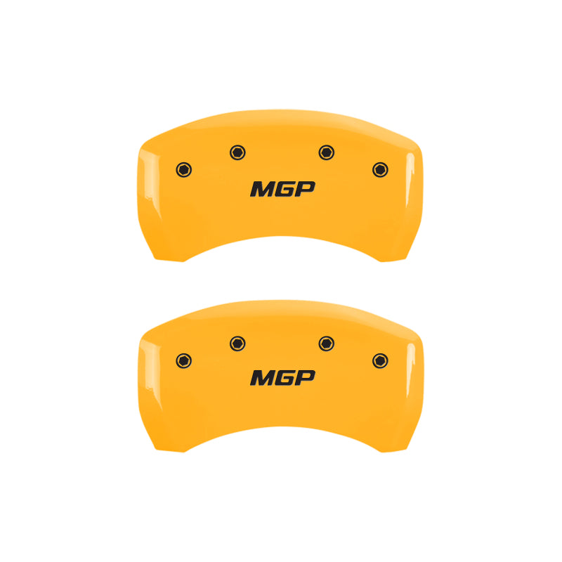 Load image into Gallery viewer, MGP 4 Caliper Covers Engraved Front &amp; Rear MGP Yellow Finish Black Char 2005 Ford Mustang
