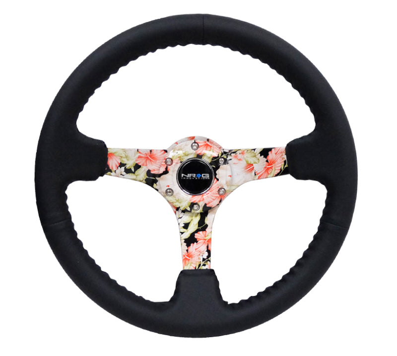 Load image into Gallery viewer, NRG Reinforced Steering Wheel (350mm / 3in. Deep) Blk Leather Floral Dipped w/ Blk Baseball Stitch
