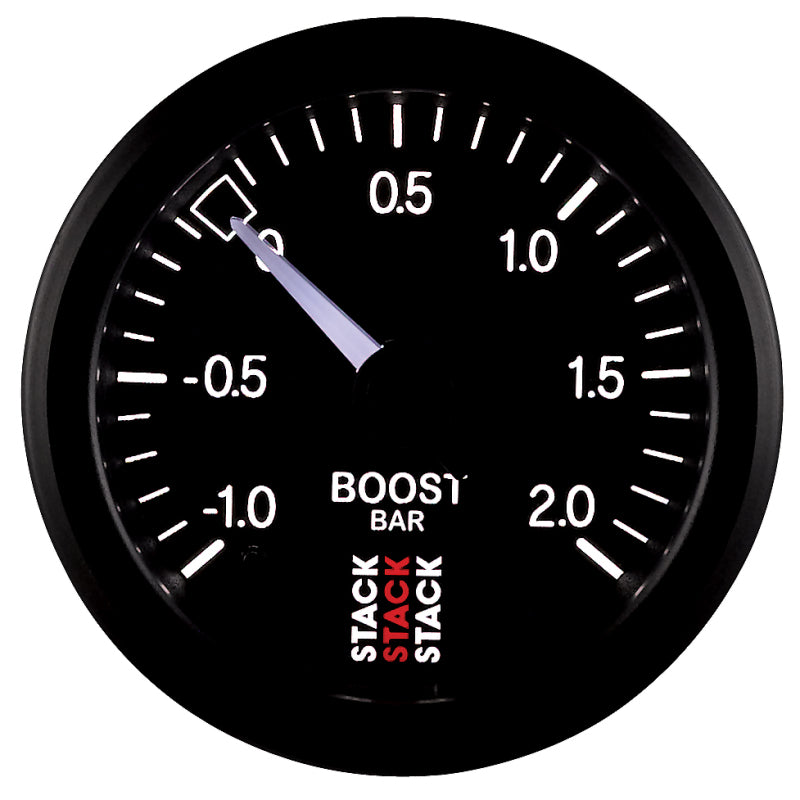 Load image into Gallery viewer, Autometer Stack 52mm -1 to +2 Bar T-Fitting 0.187in Barb (M) Mechanical Boost Pressure Gauge - Black
