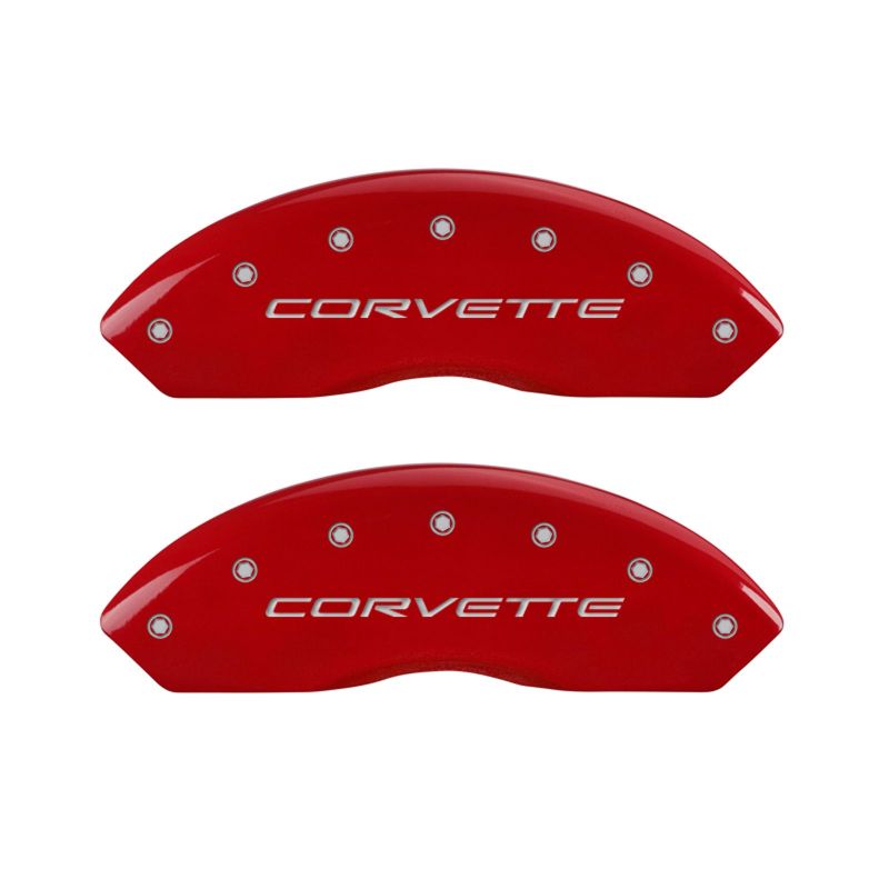 Load image into Gallery viewer, MGP 4 Caliper Covers Engraved Front &amp; Rear C5/Corvette Red finish silver ch
