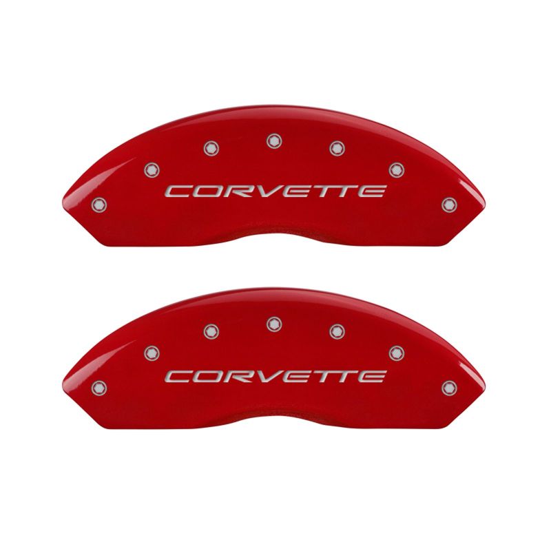 Load image into Gallery viewer, MGP 4 Caliper Covers Engraved Front C5/Corvette Engraved Rear C5/Z06 Red finish silver ch
