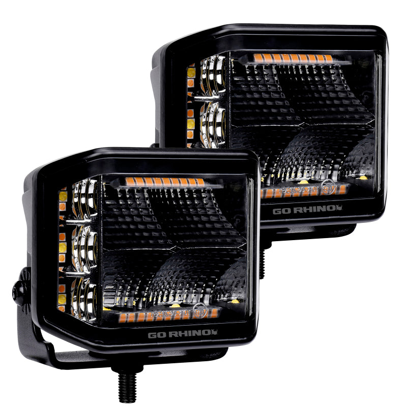 Load image into Gallery viewer, Go Rhino Xplor Blackout Combo Series Cube Sideline LED Flood Lights w/Amber 4x3 - Blk (Pair)
