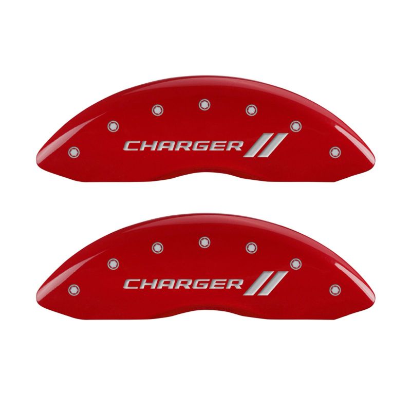 Load image into Gallery viewer, MGP 4 Caliper Covers Engraved Front &amp; Rear With stripes/Charger Red finish silver ch
