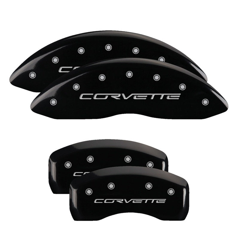 Load image into Gallery viewer, MGP 4 Caliper Covers Engraved Front &amp; Rear C6/Corvette Black finish silver ch
