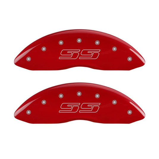 MGP 4 Caliper Covers Engraved Front & Rear Avalanche style/SS Red finish silver ch