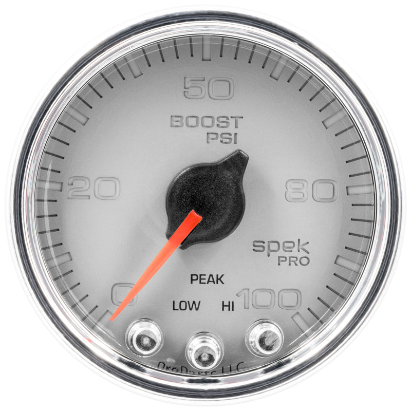 Load image into Gallery viewer, Autometer Spek-Pro Gauge Boost 2 1/16in 100psi Stepper Motor W/Peak &amp; Warn Slvr/Chrm
