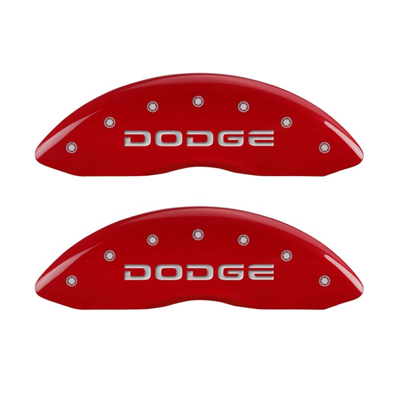 Load image into Gallery viewer, MGP 4 Caliper Covers Engraved Front &amp; Rear Broken D/Dodge Red finish silver ch
