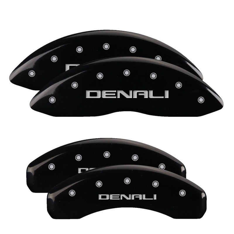 Load image into Gallery viewer, MGP 4 Caliper Covers Engraved Front &amp; Rear Denali Black finish silver ch
