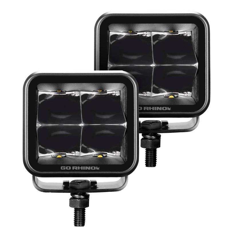 Load image into Gallery viewer, Go Rhino Xplor Blackout Series Cube LED Spot Light Kit (Surface/Threaded Stud Mnt) 3x3 - Blk (Pair)
