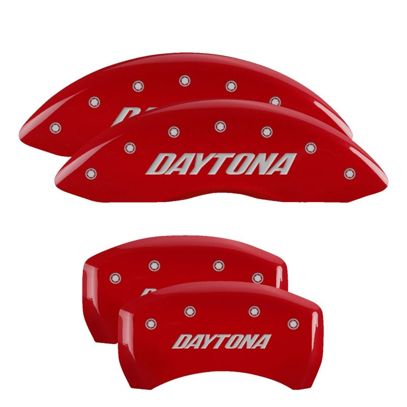 Load image into Gallery viewer, MGP 4 Caliper Covers Engraved Front &amp; Rear Daytona Red finish silver ch
