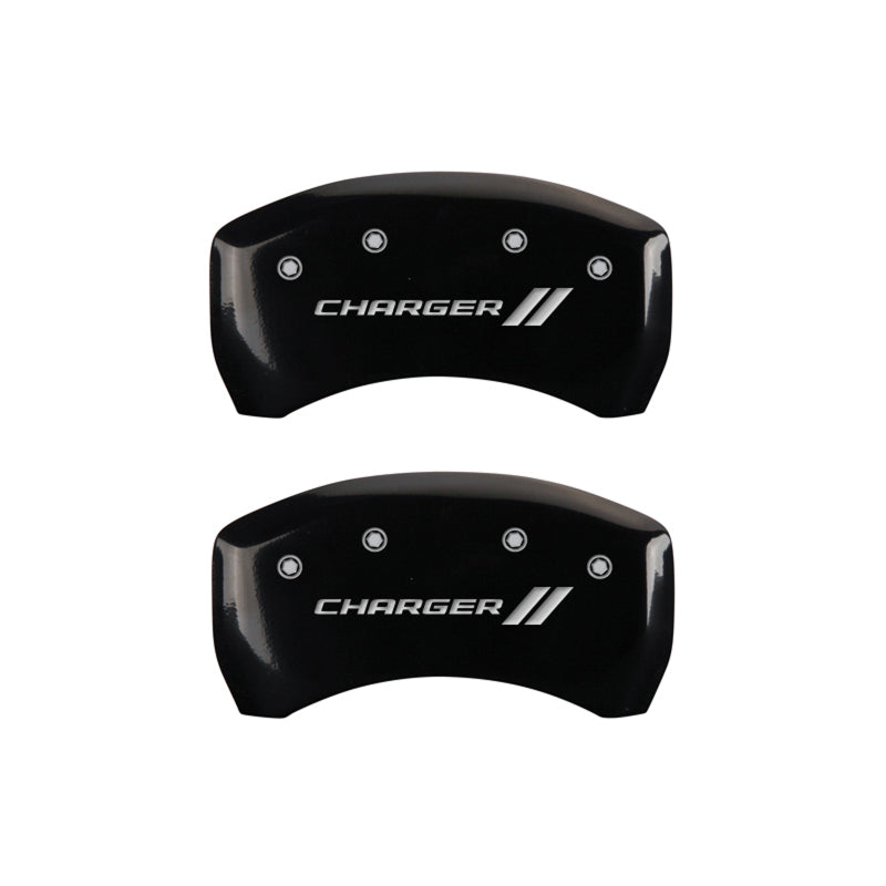 Load image into Gallery viewer, MGP 4 Caliper Covers Engraved Front &amp; Rear With stripes/Charger Black finish silver ch
