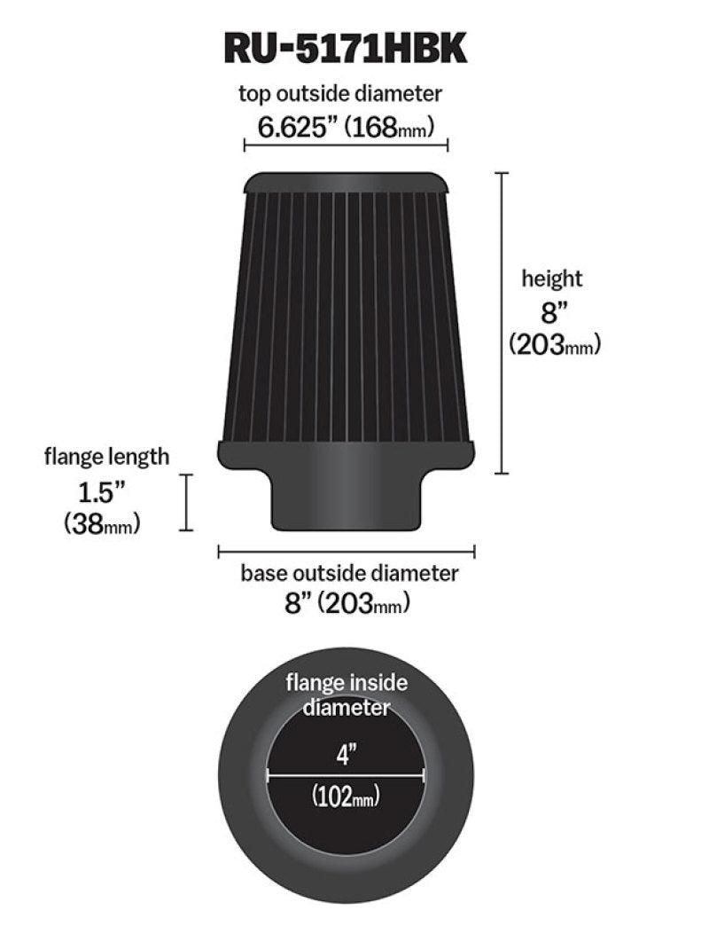 Load image into Gallery viewer, K&amp;N Universal Rubber Filter-Round Tapered 4in Flange ID x 8in Base OD x 6.625in Top OD x 8in H
