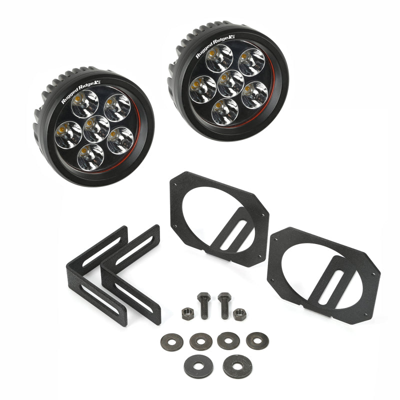 Load image into Gallery viewer, Rugged Ridge 07-18 Jeep Wrangler JK Bumper Mounted Circular LED Light &amp; Mount Kit

