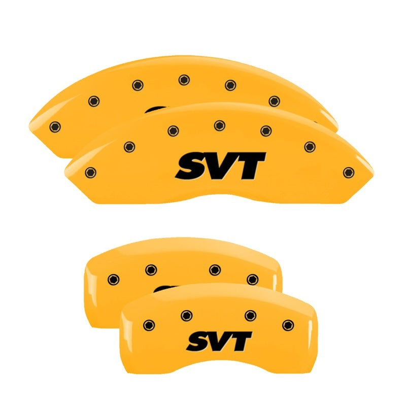 Load image into Gallery viewer, MGP 4 Caliper Covers Engraved Front &amp; Rear SVT Yellow Finish Black Char 2003 Ford Mustang
